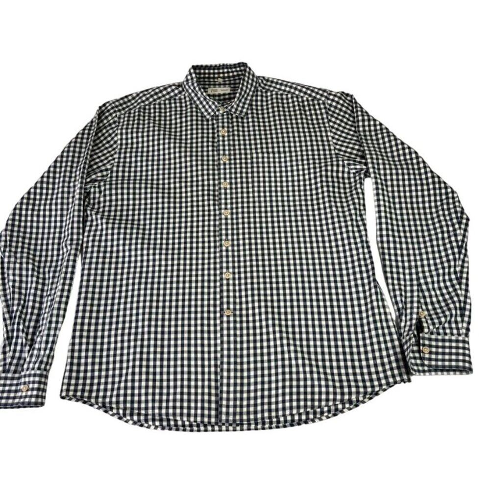Frank & Oak Men's White Navy Blue Check Cotton Casual Button Down Shirt XL